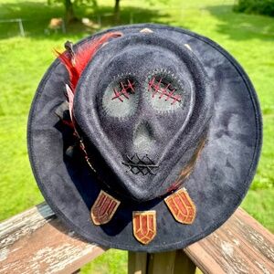 Skull Shaped Suede Halo Hat with Hand Made Stained Glass Windows